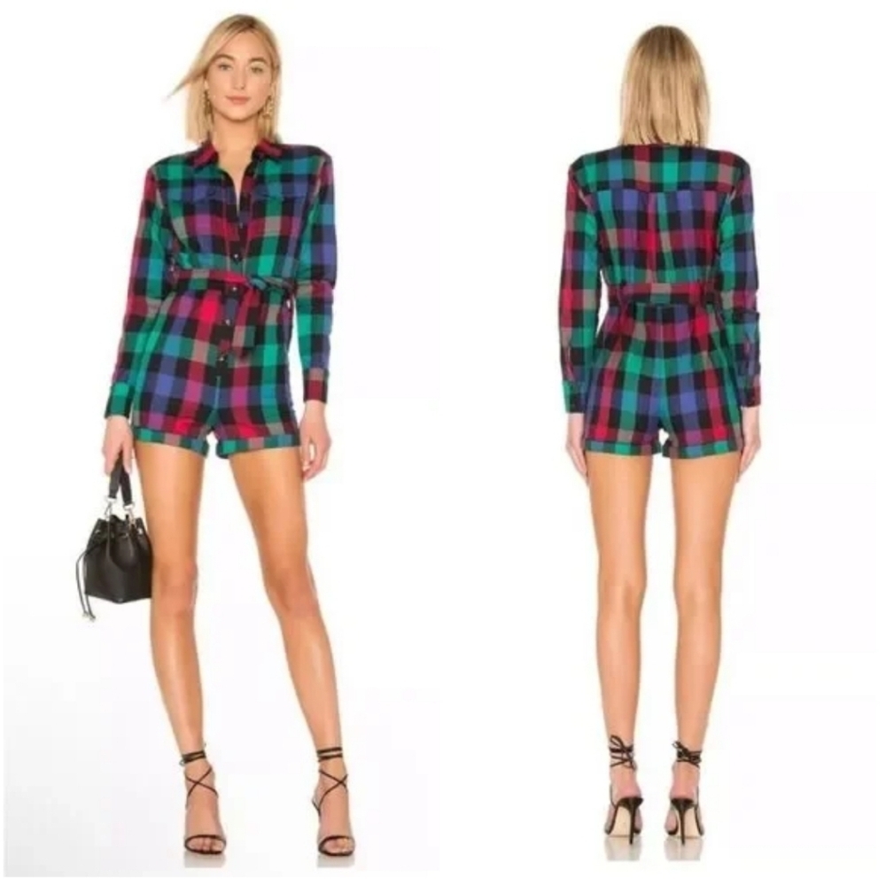Tularosa Lucille Plaid Long Sleeve Romper Revolve XL Buffalo Plaid Pockets